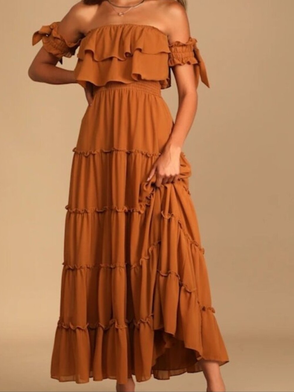 Lulus Chance For Us Copper Orange Off-the-Shoulder Ruffled Maxi Dress Large